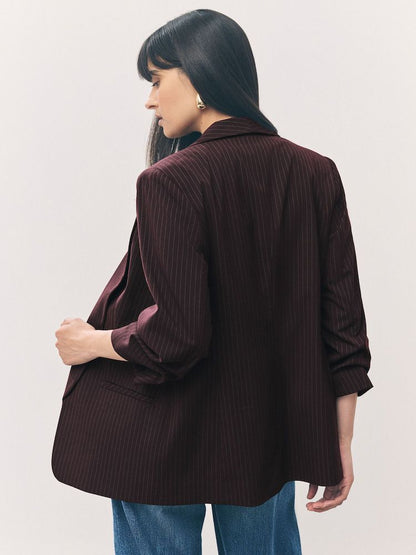 Burgundy Red Stripe Relaxed Ruched Sleeve Blazer