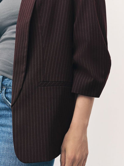 Burgundy Red Stripe Relaxed Ruched Sleeve Blazer