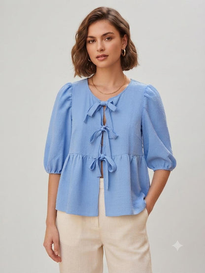 Casual Blue Front Tie Peplum Shirt
