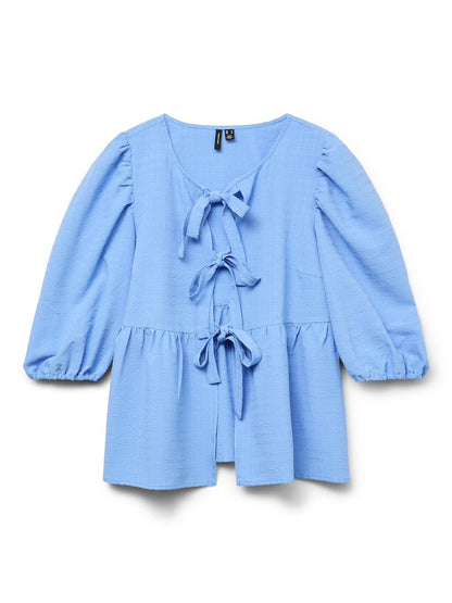 Casual Blue Front Tie Peplum Shirt