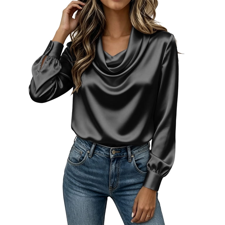 Satin Blouse Women Drape Silk Ruched Cowl Neck Top