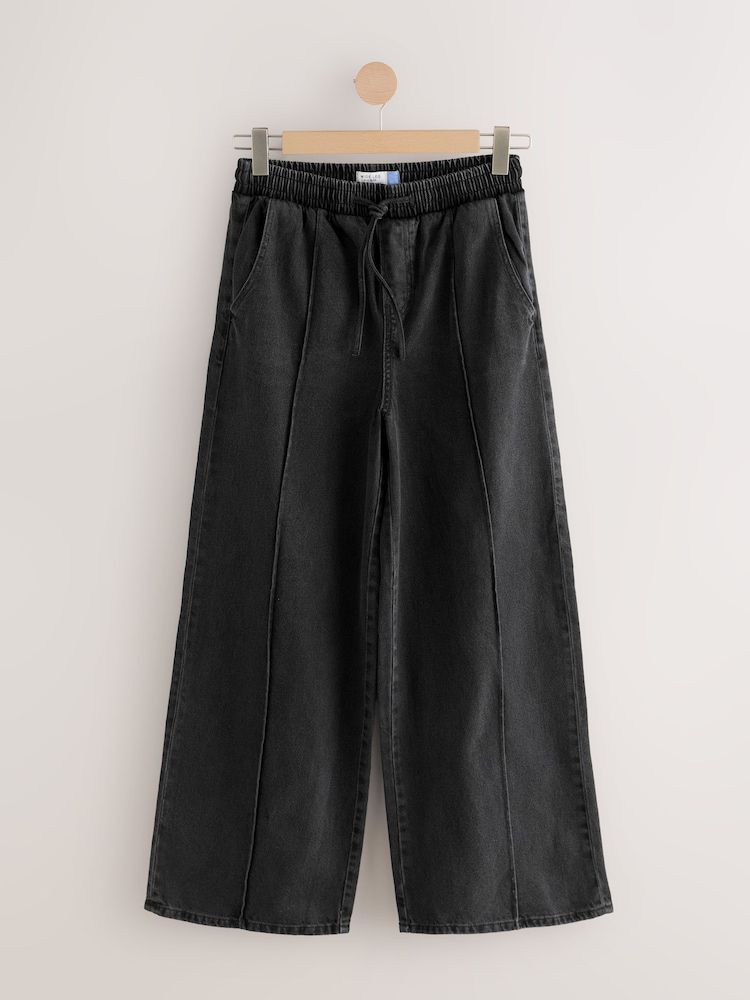Washed Black Pintuck Wide Leg Denim Jogger