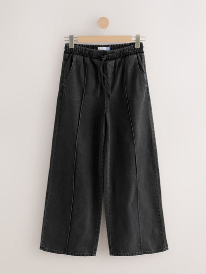 Washed Black Pintuck Wide Leg Denim Jogger