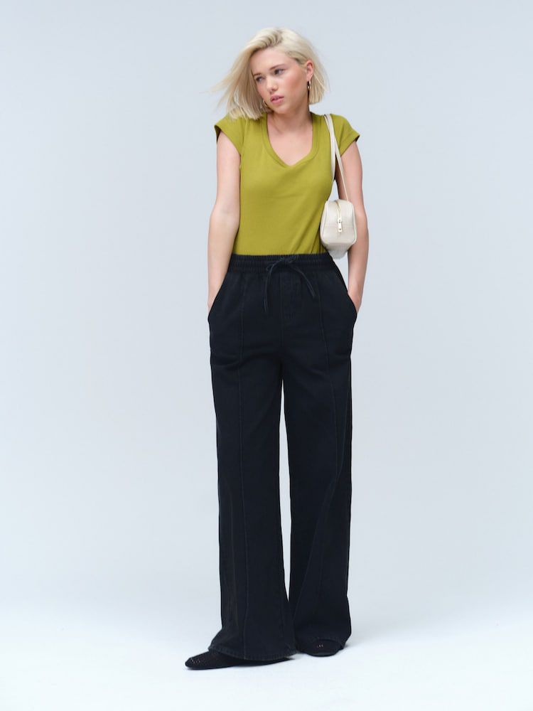 Washed Black Pintuck Wide Leg Denim Jogger