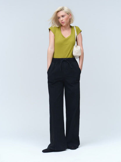 Washed Black Pintuck Wide Leg Denim Jogger
