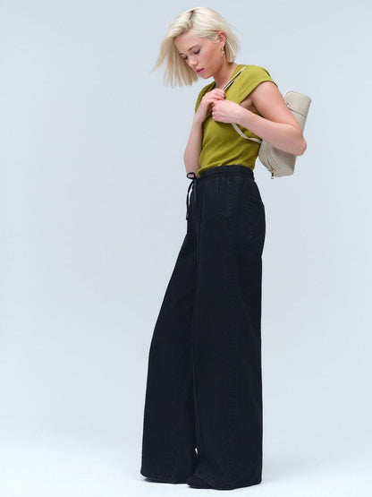 Washed Black Pintuck Wide Leg Denim Jogger
