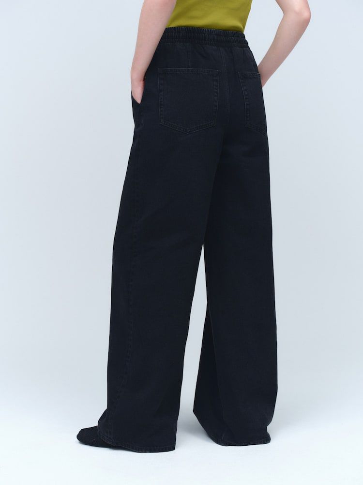Washed Black Pintuck Wide Leg Denim Jogger