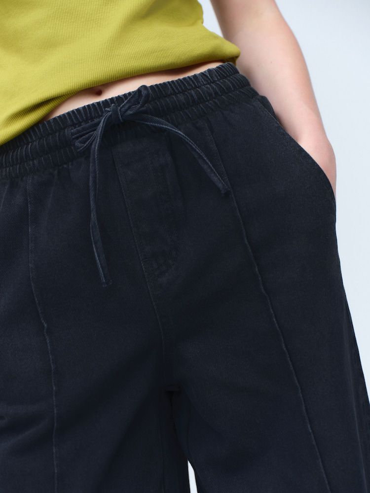 Washed Black Pintuck Wide Leg Denim Jogger