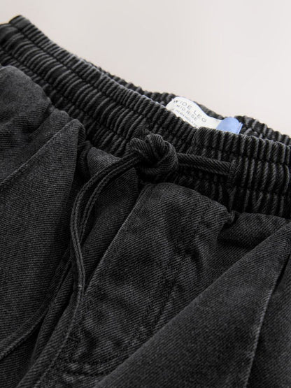 Washed Black Pintuck Wide Leg Denim Jogger