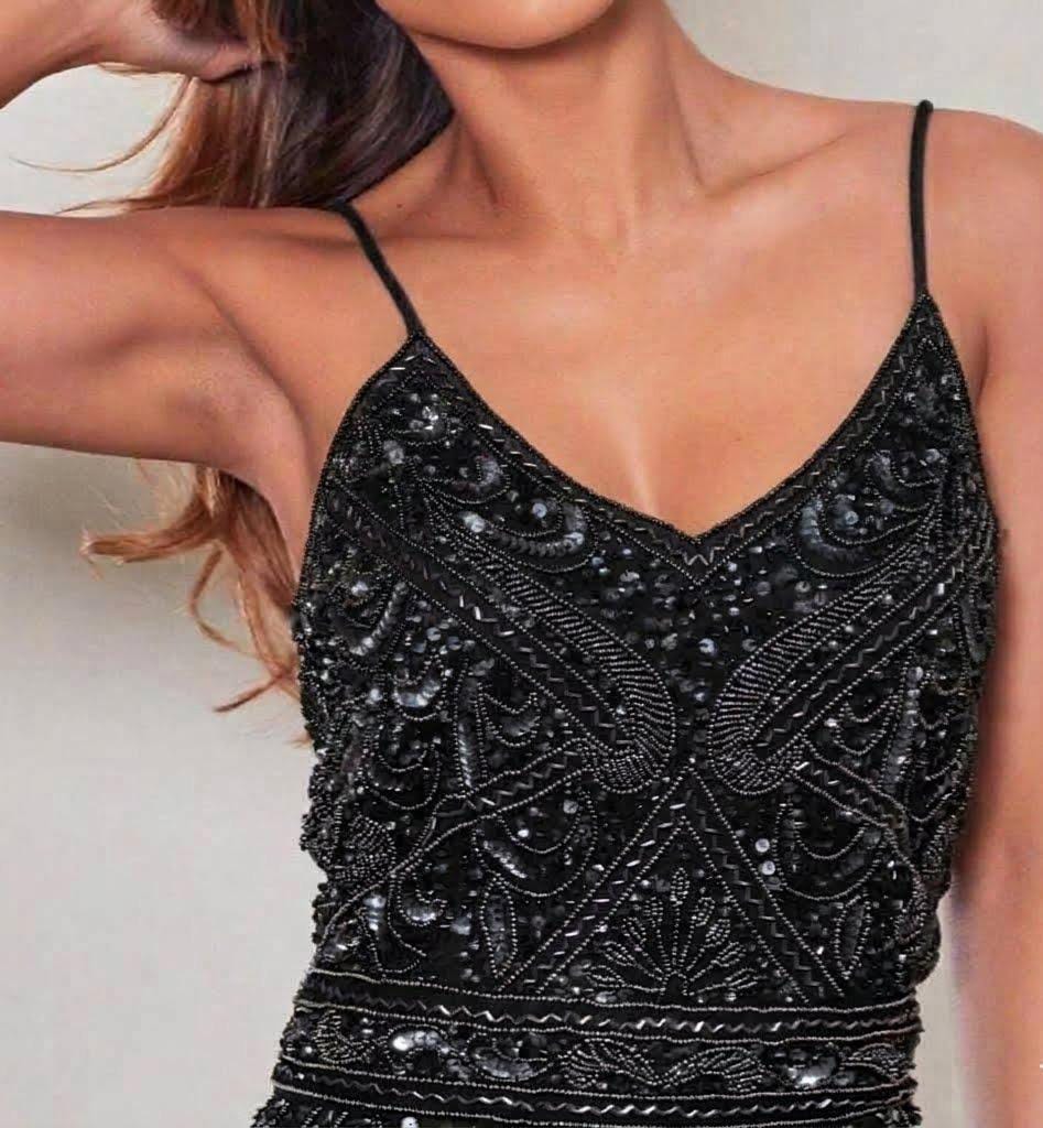 Black Heavy Embellished Sequin and Beaded Cami Maxi Dress