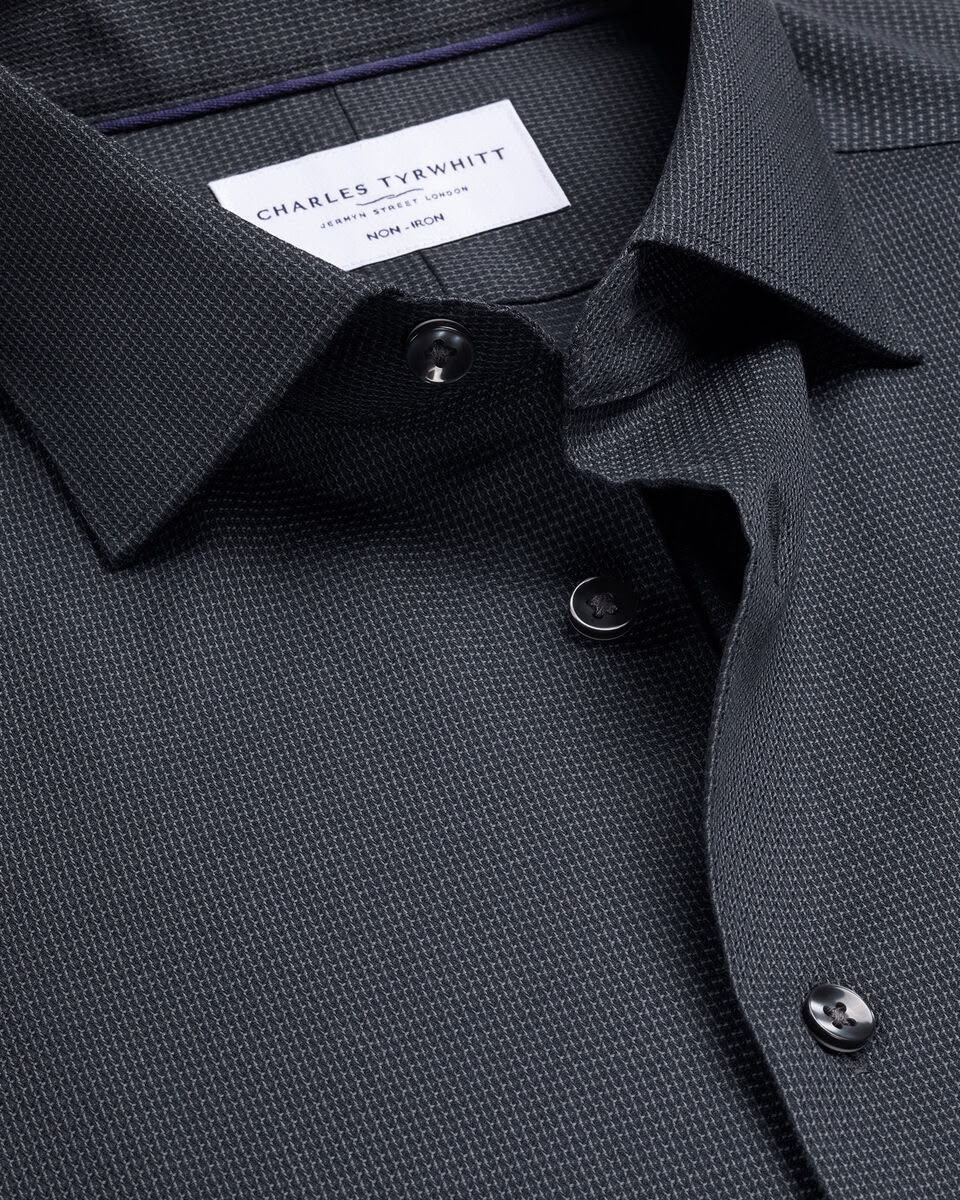 Semi-Cutaway Collar Non-Iron Stretch Texture Slim Fit Shirt – Charcoal Grey
