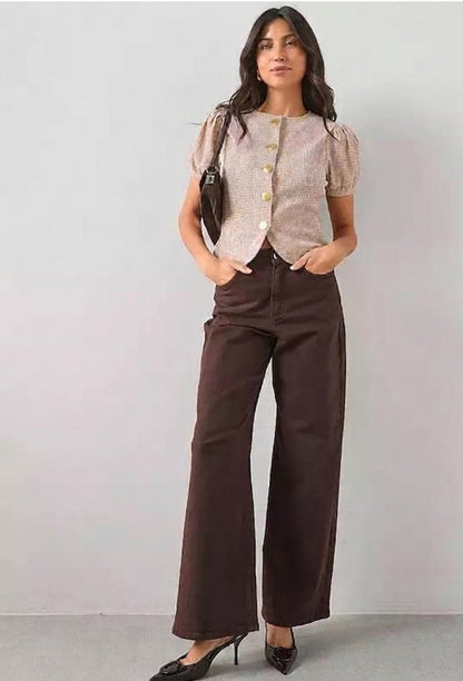 Gingham Puff Sleeve Button Up Top - Brown