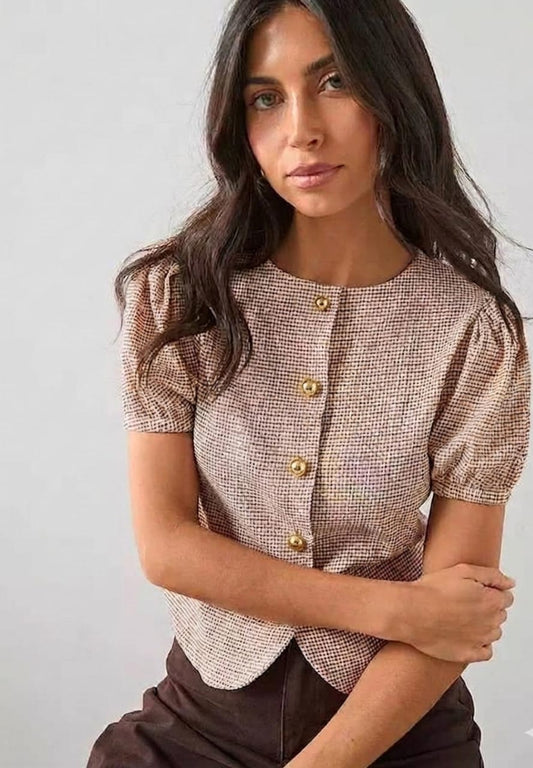Gingham Puff Sleeve Button Up Top - Brown