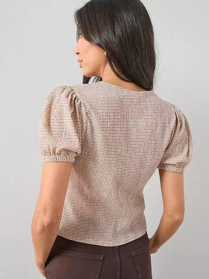 Gingham Puff Sleeve Button Up Top - Brown