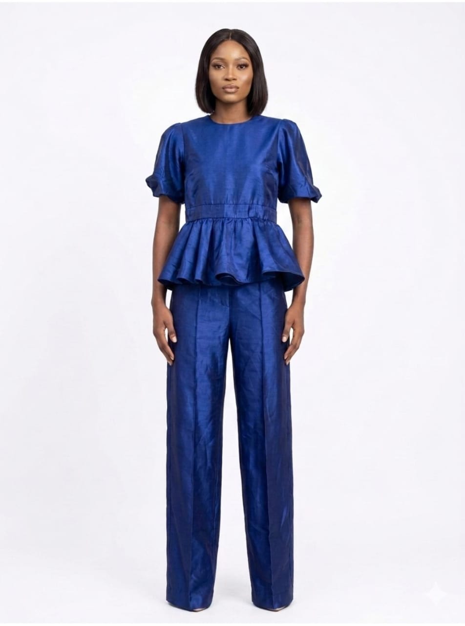 Royal Blue Peplum Top And Trouser Set