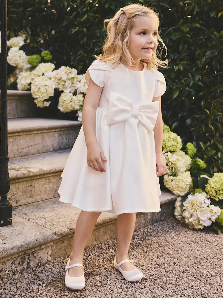 Ivory Flower Girls Bow Front Dress