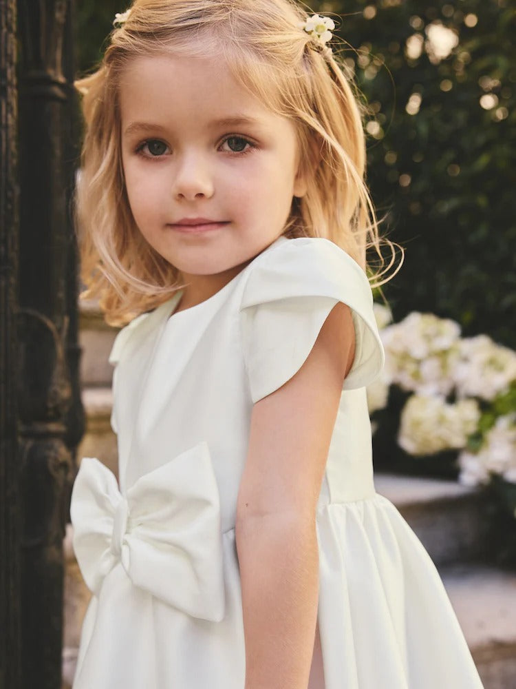 Ivory Flower Girls Bow Front Dress