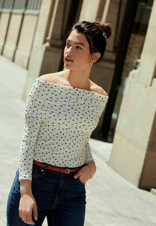 Polka Dot Print Long Sleeve Top White/ Balck