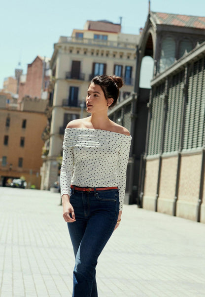 Polka Dot Print Long Sleeve Top White/ Balck