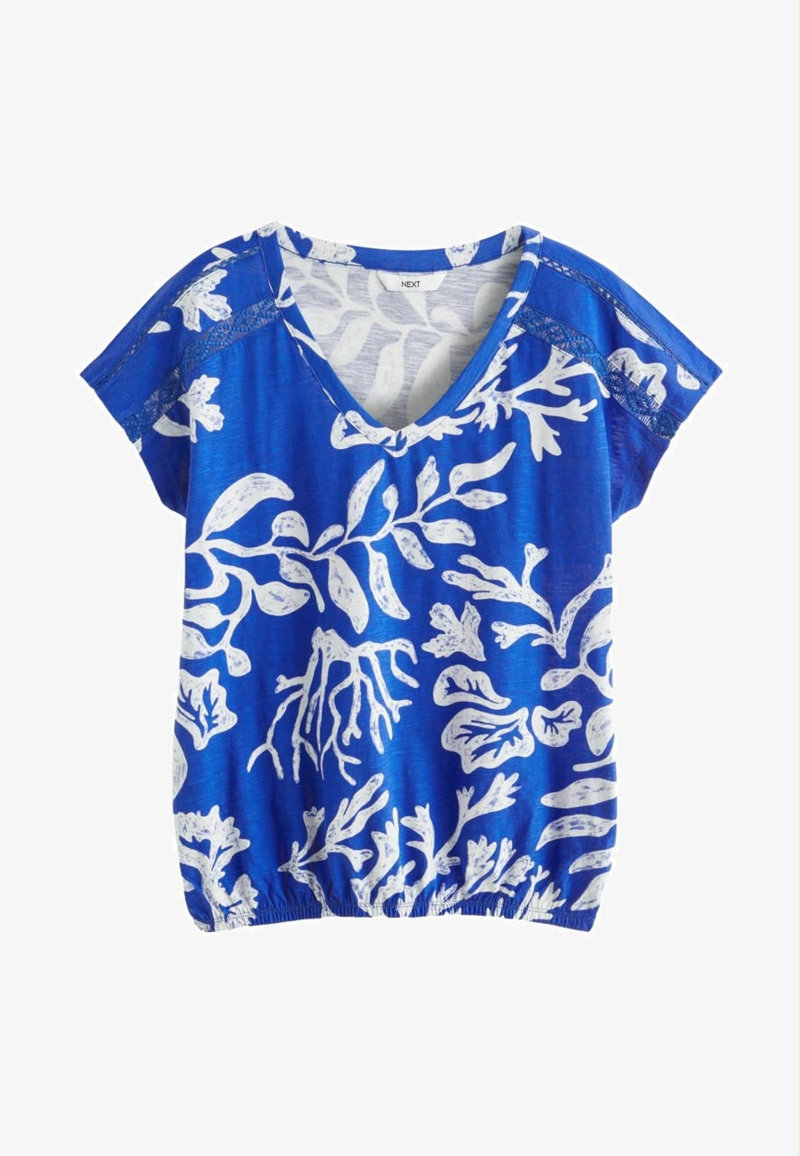 V- Neck Bubble Hem T-Shirt Corn Blue White Print