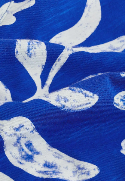 V- Neck Bubble Hem T-Shirt Corn Blue White Print