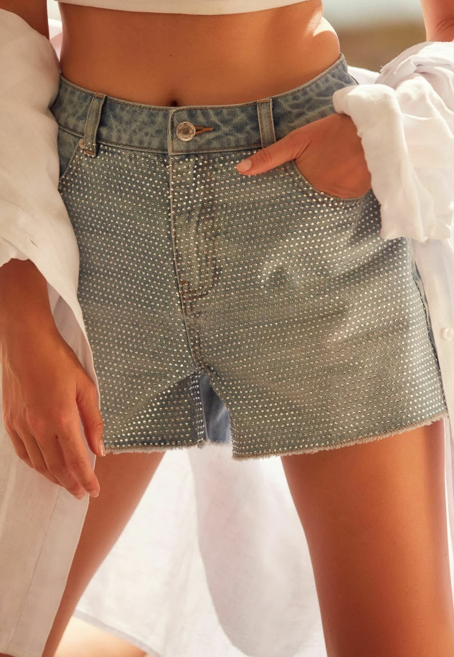 Embellished Denim Short Mid Blue