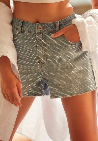 Embellished Denim Short Mid Blue