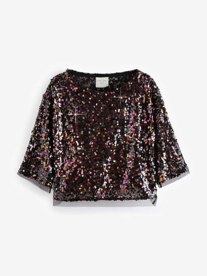 Petite Black/Pink Sequin Quarter Sleeve Mesh Top