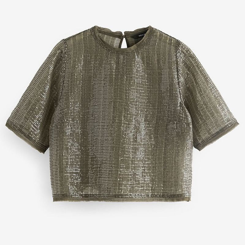 Khaki Green Short Sleeve Sequin T-shirt