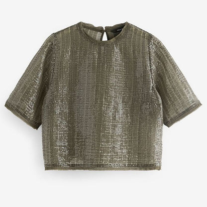 Khaki Green Short Sleeve Sequin T-shirt