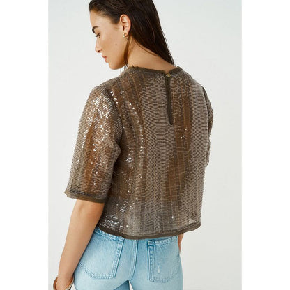 Khaki Green Short Sleeve Sequin T-shirt