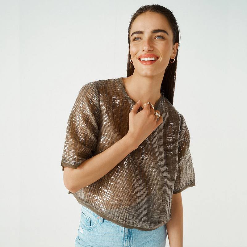 Khaki Green Short Sleeve Sequin T-shirt