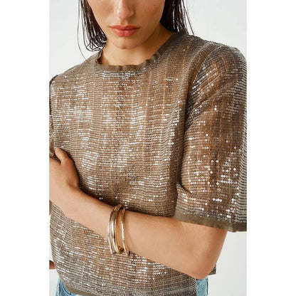 Khaki Green Short Sleeve Sequin T-shirt