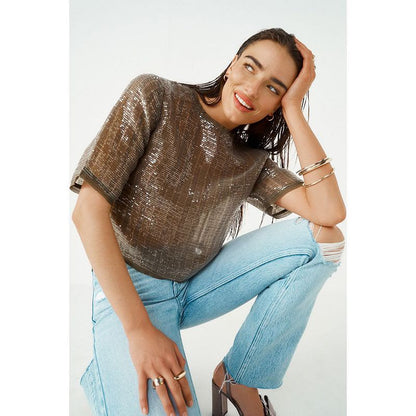 Khaki Green Short Sleeve Sequin T-shirt