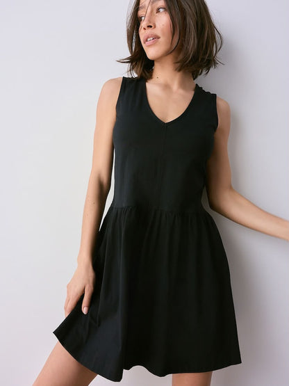 Black Cotton V-Neck Jersey Mini Summer Dress