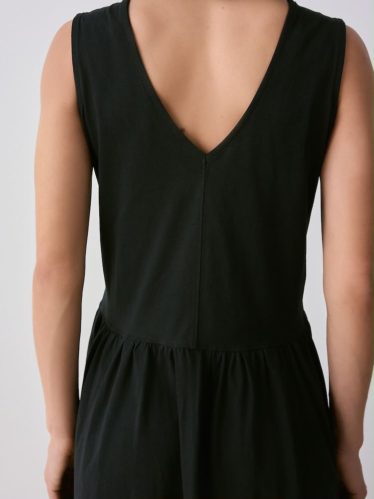 Black Cotton V-Neck Jersey Mini Summer Dress