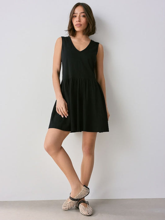 Black Cotton V-Neck Jersey Mini Summer Dress