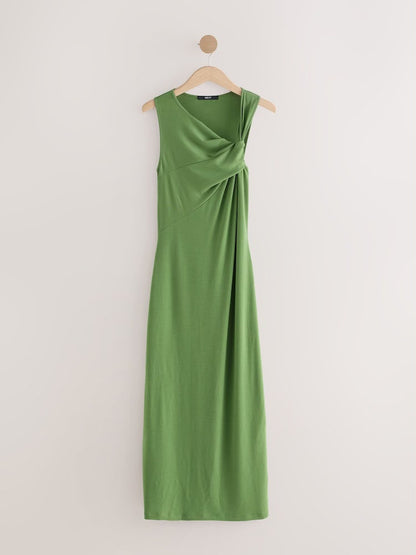 Khaki Green Twist Detailed Slinky Maxi Dress