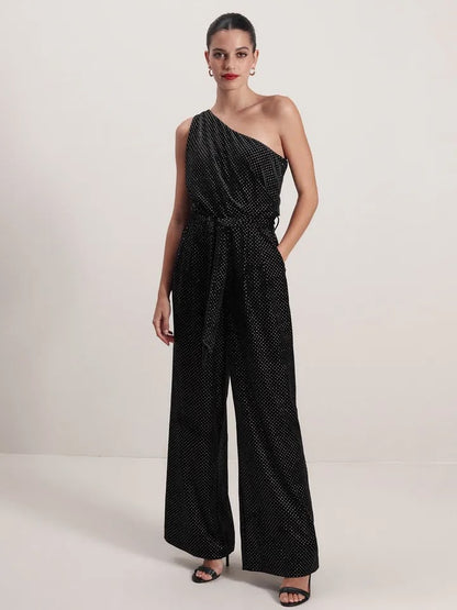 Petite Velvet Finish Embellished One Shoulder Basic Jumpsuit