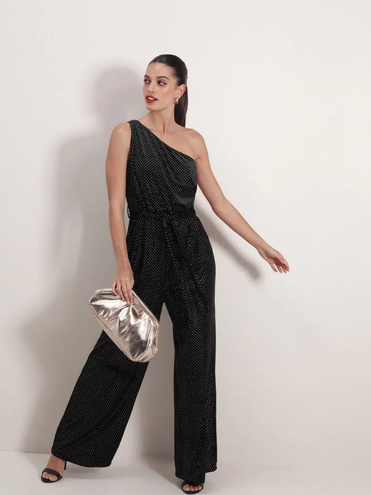 Petite Velvet Finish Embellished One Shoulder Basic Jumpsuit