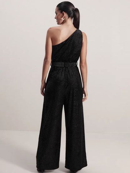 Petite Velvet Finish Embellished One Shoulder Basic Jumpsuit
