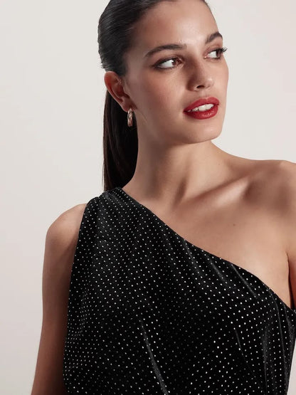 Petite Velvet Finish Embellished One Shoulder Basic Jumpsuit