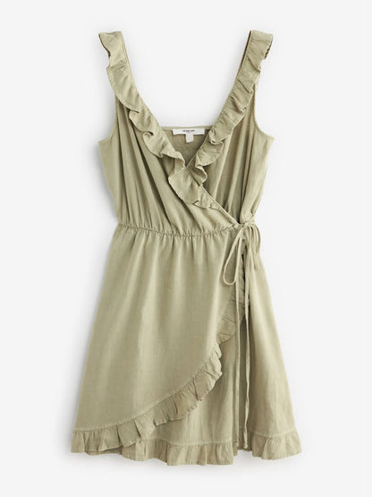 Washed Khaki Green Mini Wrap Summer Dress