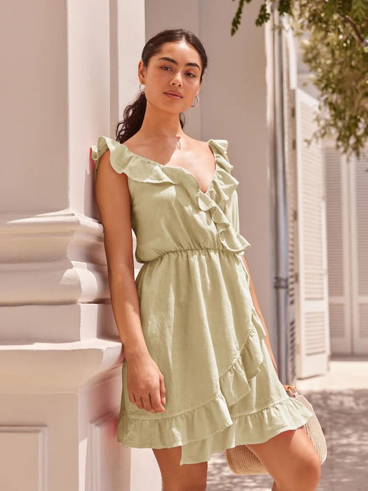 Washed Khaki Green Mini Wrap Summer Dress