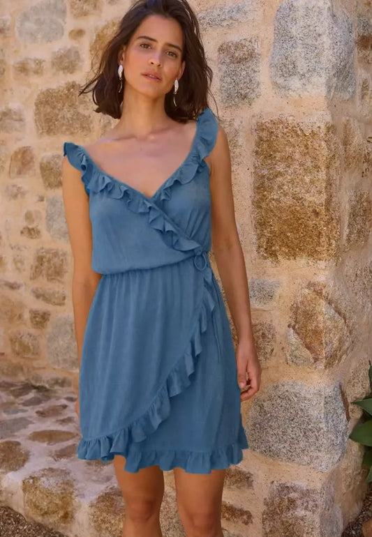 Blue Wrap Mini Beach Dress