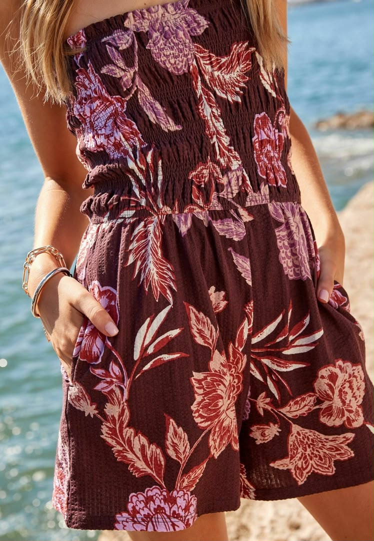Brown Strapless Tube Style Floral Print Beach Playsuit