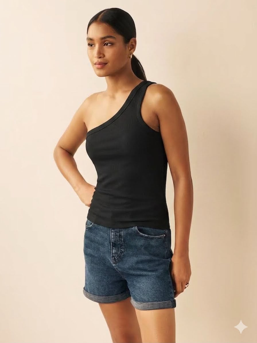 Black One Shoulder Rib Vest Top