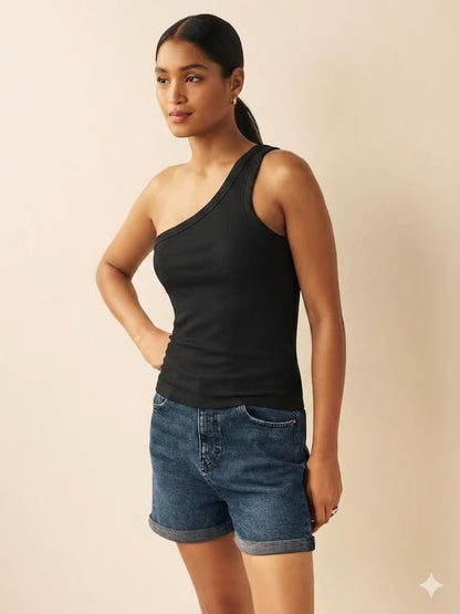 Black One Shoulder Rib Vest Top