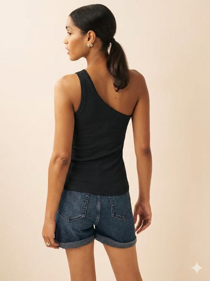 Black One Shoulder Rib Vest Top