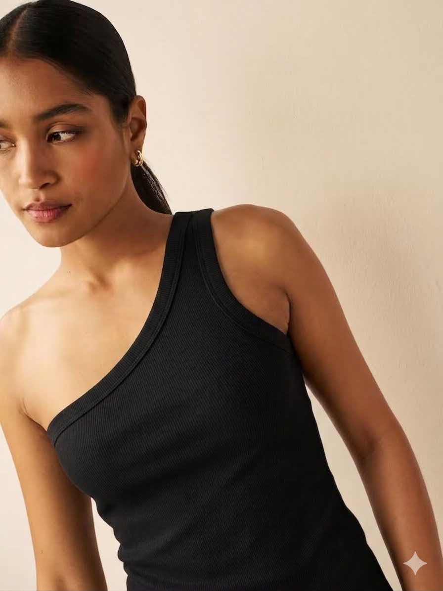 Black One Shoulder Rib Vest Top